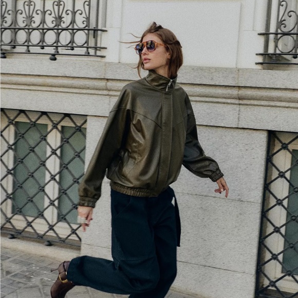 ZARA FAUX LEATHER HIGH COLLAR BOMBER JACKET - Picture 5 of 11